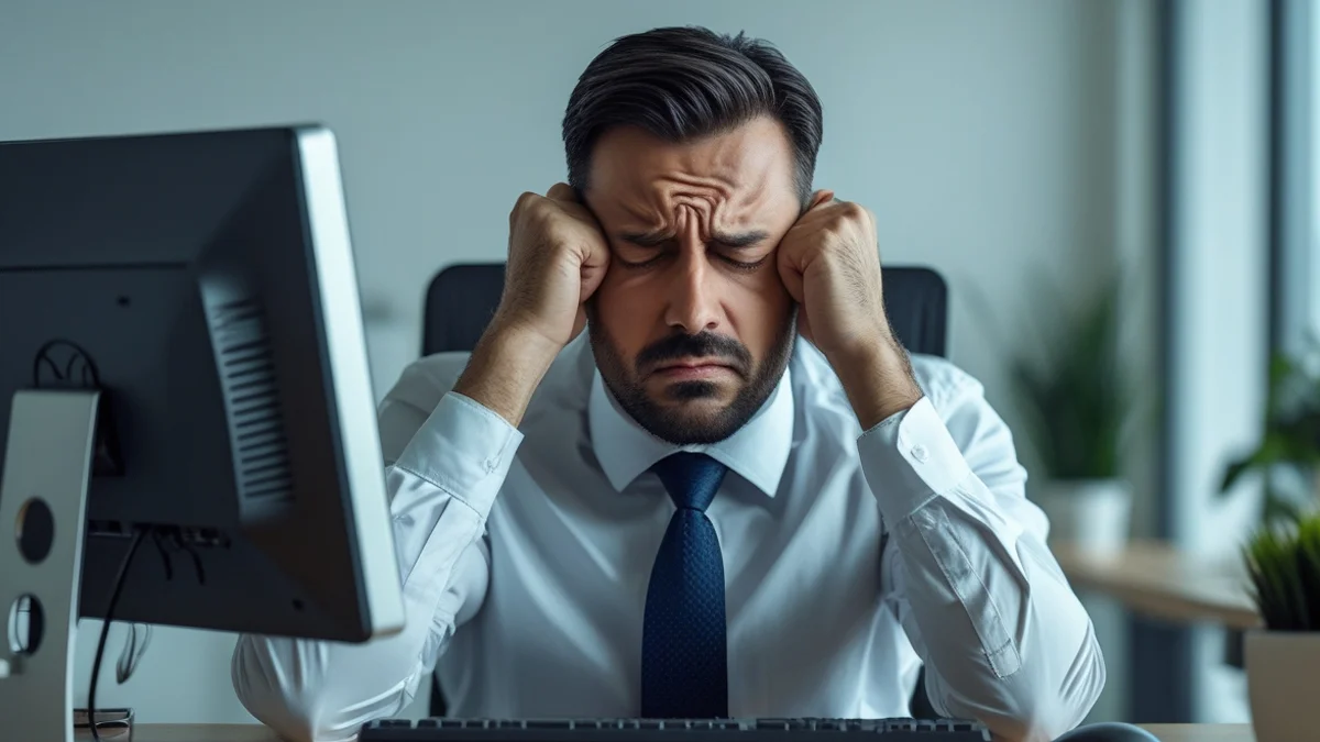 Empresário em frente ao computador demonstrando cansaço, cercado por ícones flutuantes de redes sociais e gráficos de vendas.