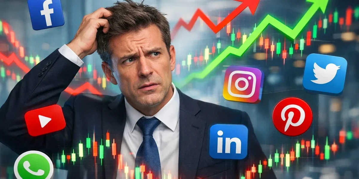Empresário confuso olhando para vários ícones de redes sociais e gráficos que sobem e descem rapidamente, fundo profissional.