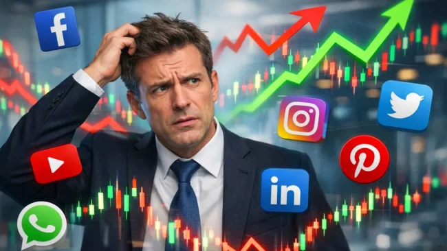 Empresário confuso olhando para vários ícones de redes sociais e gráficos que sobem e descem rapidamente, fundo profissional.