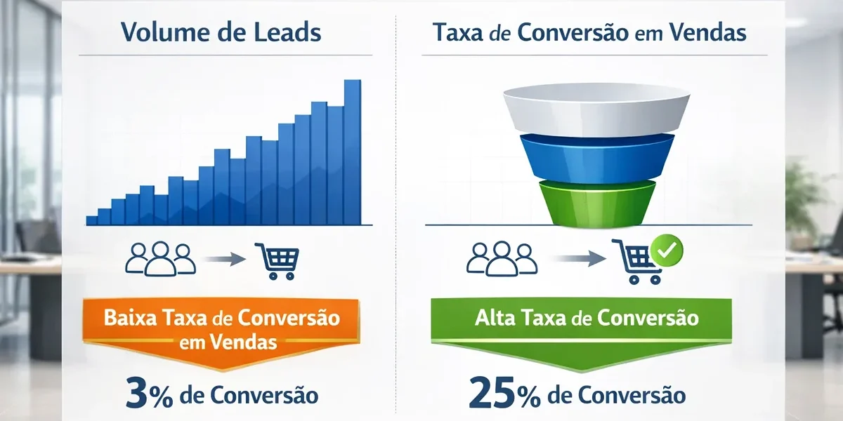 Gráfico mostrando a diferença entre volume de leads e taxa de conversão em vendas em um ambiente empresarial.