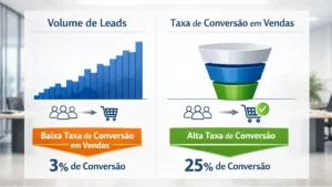 Gráfico mostrando a diferença entre volume de leads e taxa de conversão em vendas em um ambiente empresarial.