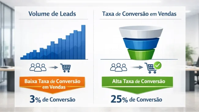 Gráfico mostrando a diferença entre volume de leads e taxa de conversão em vendas em um ambiente empresarial.