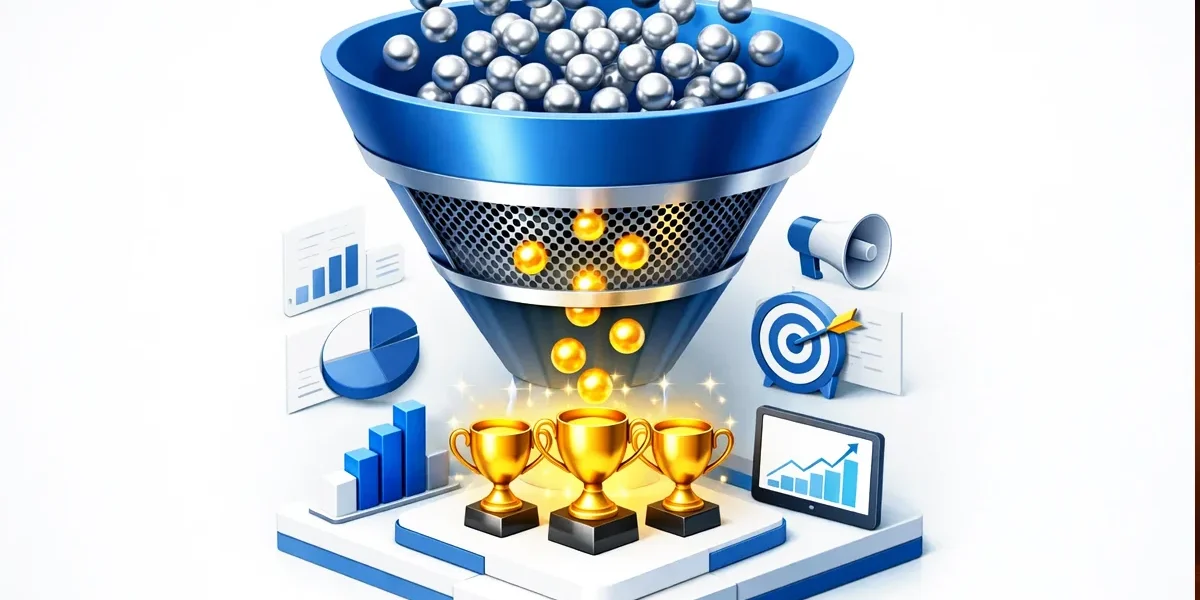 Gráfico de funil de vendas mostrando palavras-chave de cauda longa convertendo visitantes em clientes qualificados.