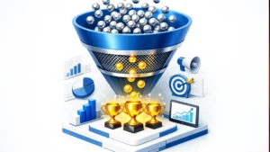 Gráfico de funil de vendas mostrando palavras-chave de cauda longa convertendo visitantes em clientes qualificados.