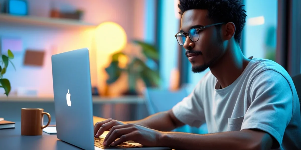 Empresário analisando gráficos de autoridade digital em um notebook, simbolizando credibilidade e crescimento online.