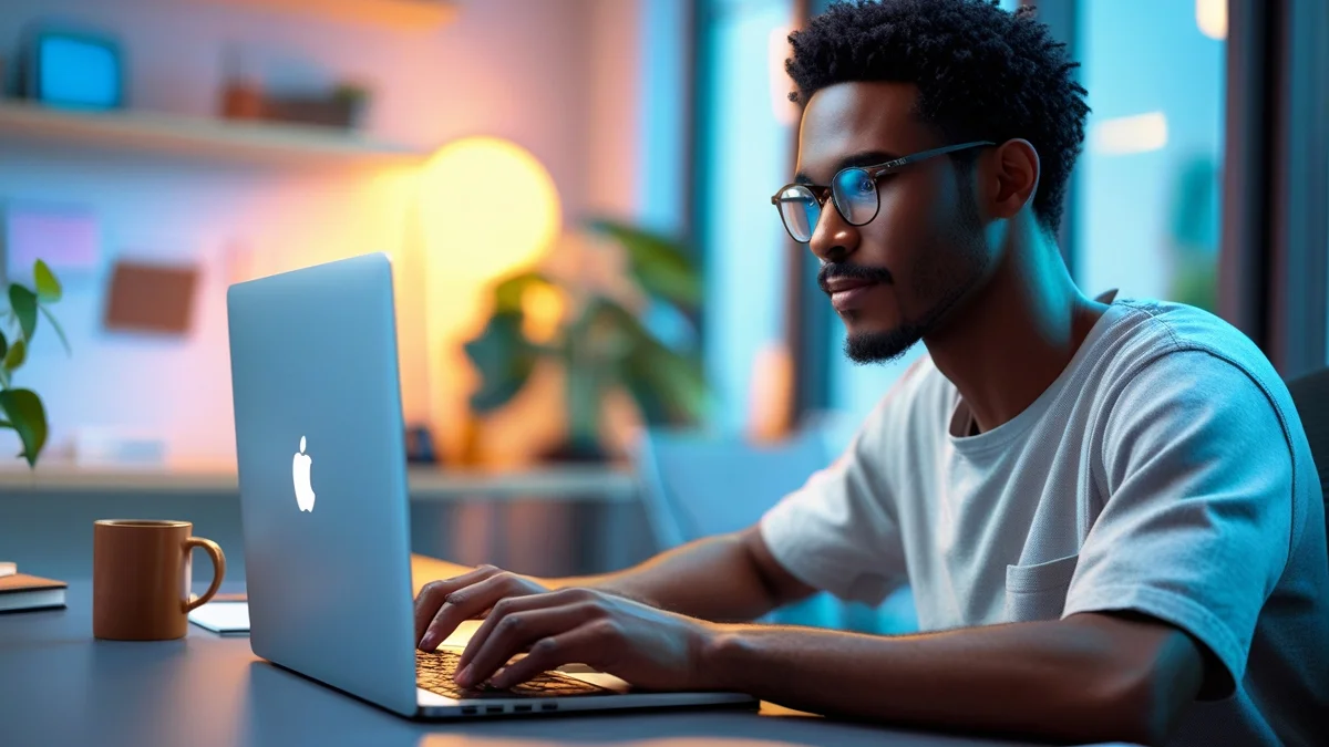 Empresário analisando gráficos de autoridade digital em um notebook, simbolizando credibilidade e crescimento online.