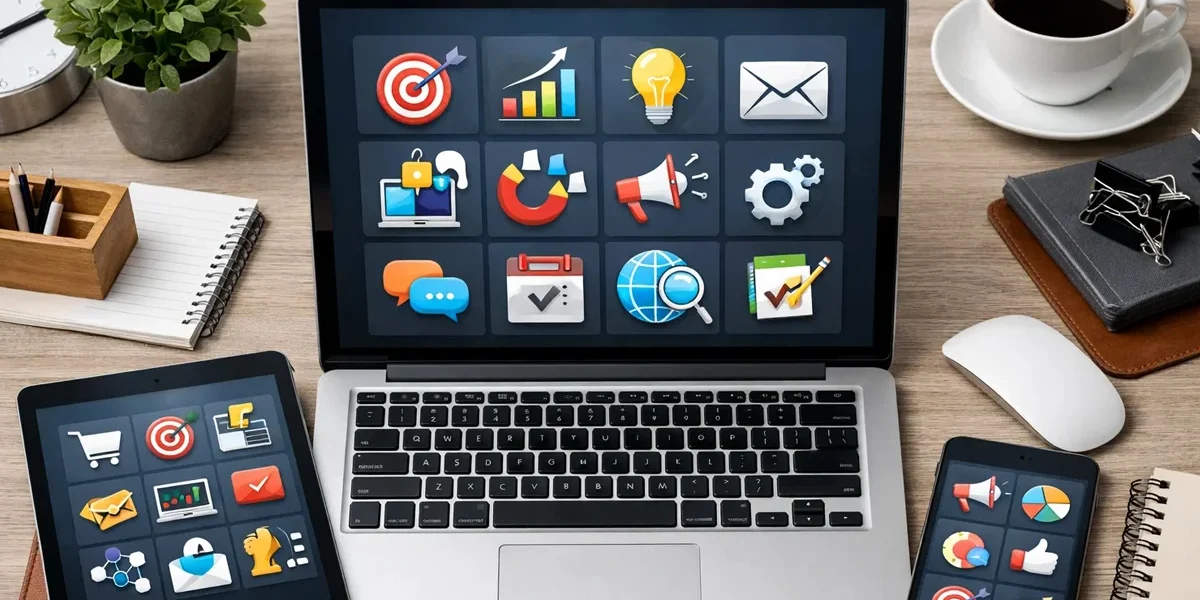 Mesa de trabalho organizada com um notebook, tablet e smartphone exibindo ícones de produtividade e marketing digital.
