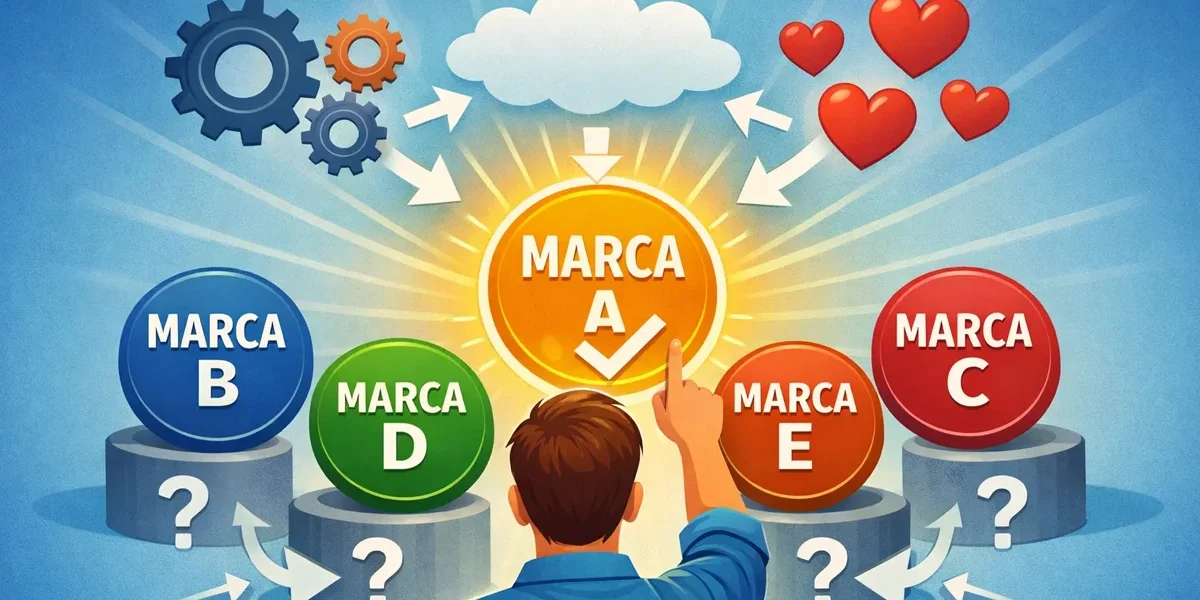 Infográfico ilustrando um cliente escolhendo uma marca entre várias opções, com ícones de engrenagens e corações acima da cabeça.
