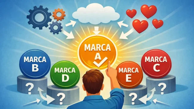 Infográfico ilustrando um cliente escolhendo uma marca entre várias opções, com ícones de engrenagens e corações acima da cabeça.