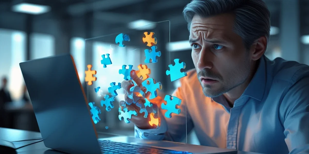 Empresário preocupado analisando um site quebrado em um notebook, simbolizando a falta de controle sobre a plataforma digital.