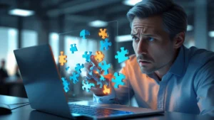 Empresário preocupado analisando um site quebrado em um notebook, simbolizando a falta de controle sobre a plataforma digital.