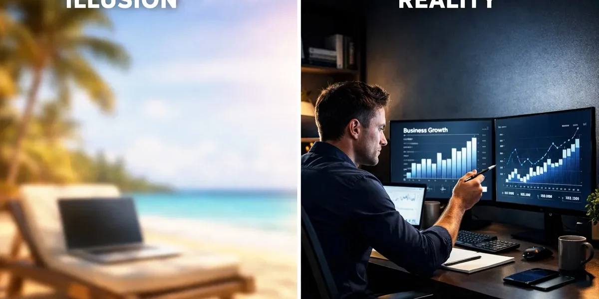 Comparativo entre a imagem de um escritório luxuoso e a realidade de um empresário focado trabalhando em seu computador com gráficos de crescimento.