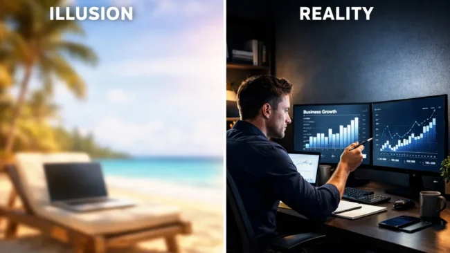 Comparativo entre a imagem de um escritório luxuoso e a realidade de um empresário focado trabalhando em seu computador com gráficos de crescimento.