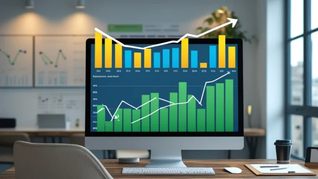 Gráfico de funil de vendas em uma tela de computador mostrando a transição de visitantes para clientes finais em um escritório.