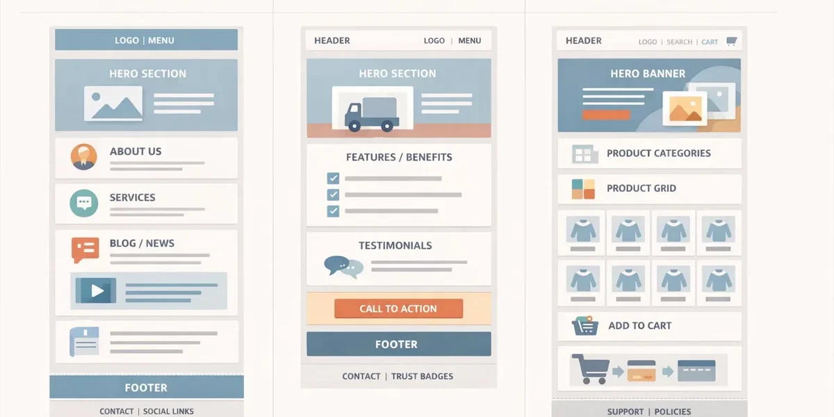 Infográfico comparando as estruturas de um site institucional, uma landing page de vendas e uma loja virtual moderna.