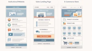 Infográfico comparando as estruturas de um site institucional, uma landing page de vendas e uma loja virtual moderna.