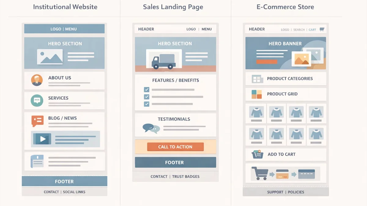 Infográfico comparando as estruturas de um site institucional, uma landing page de vendas e uma loja virtual moderna.