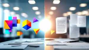 Representação visual de uma engrenagem onde um lado é composto por elementos de design e o outro por frases de texto.