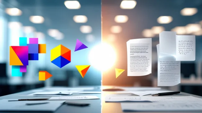 Representação visual de uma engrenagem onde um lado é composto por elementos de design e o outro por frases de texto.