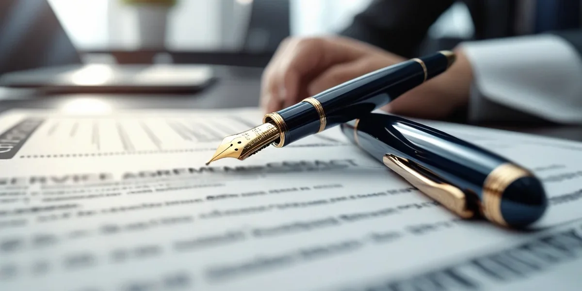 Close de uma caneta de luxo sobre um contrato impresso de prestação de serviços com um notebook ao fundo em um escritório.