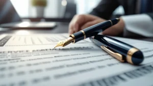 Close de uma caneta de luxo sobre um contrato impresso de prestação de serviços com um notebook ao fundo em um escritório.