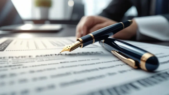 Close de uma caneta de luxo sobre um contrato impresso de prestação de serviços com um notebook ao fundo em um escritório.