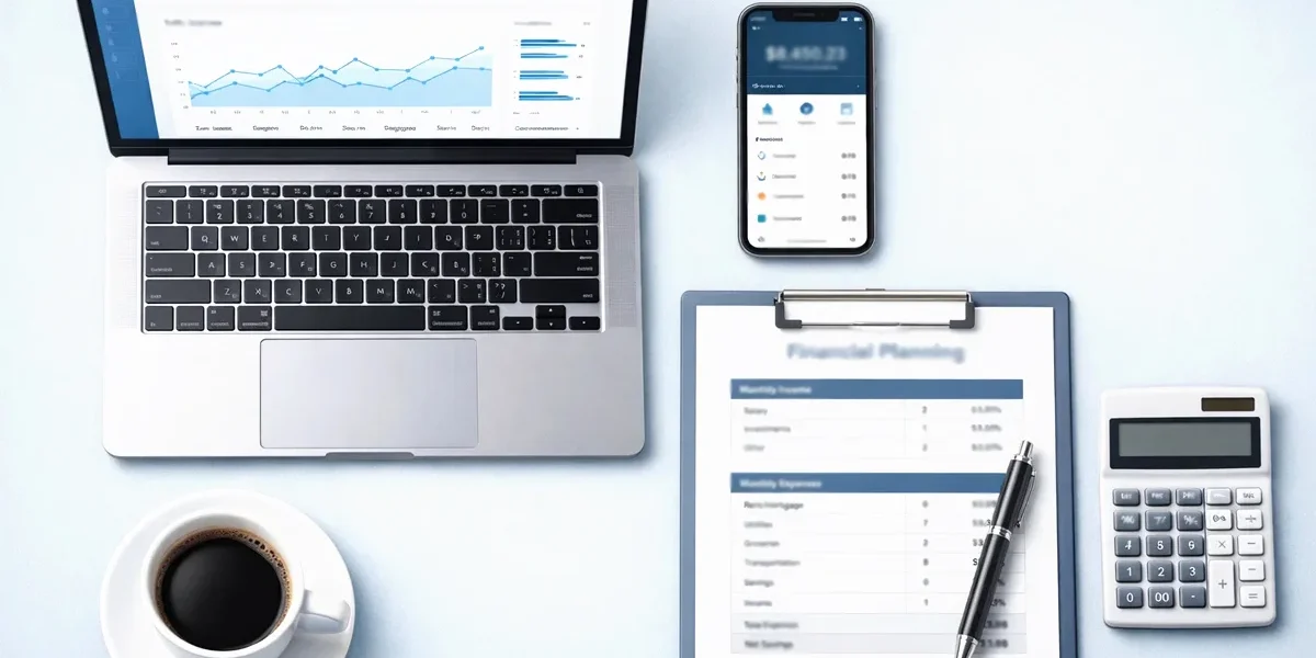 custos-manutencao-site-profissional-empresas Gráfico financeiro em um tablet ao lado de um notebook, representando o planejamento de custos de um site profissional.