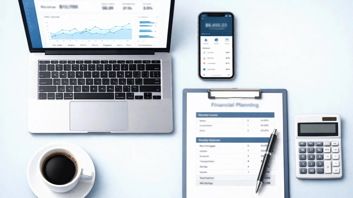 Gráfico financeiro em um tablet ao lado de um notebook, representando o planejamento de custos de um site profissional.
