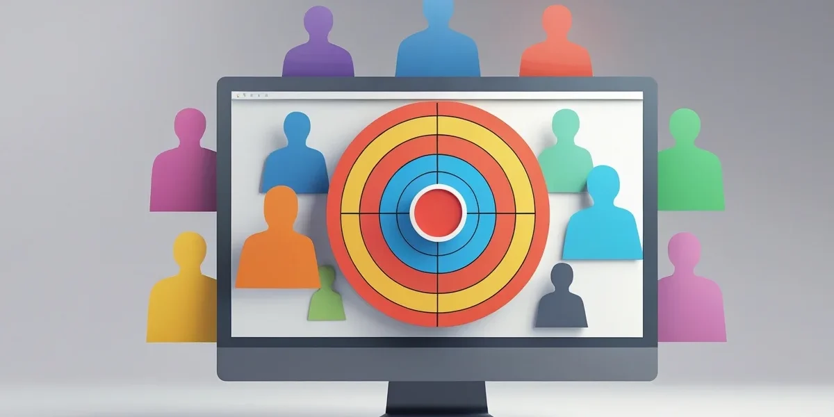 Um alvo colorido no centro de uma tela de computador com várias silhuetas de pessoas ao redor, simbolizando a segmentação.