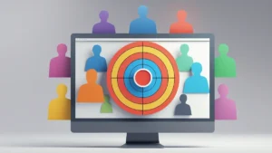 Um alvo colorido no centro de uma tela de computador com várias silhuetas de pessoas ao redor, simbolizando a segmentação.