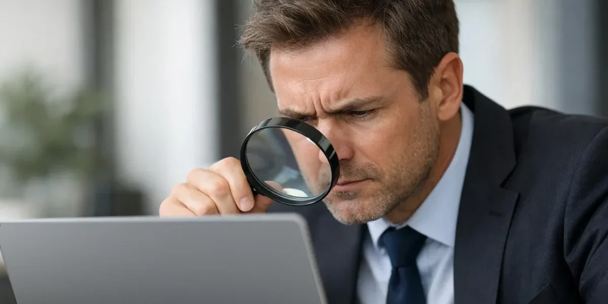 Empresário frustrado olhando para uma lupa sobre uma tela de computador vazia, simbolizando a busca por um site invisível.