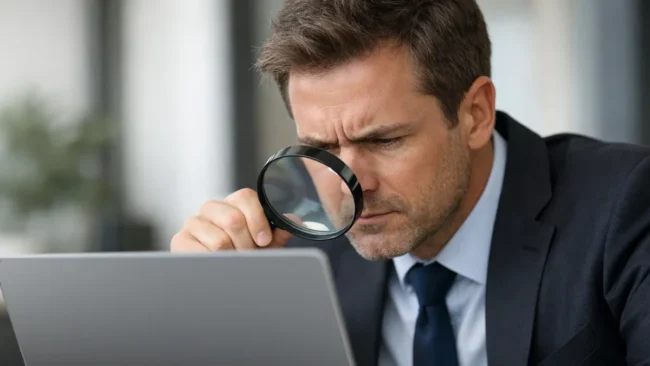 Empresário frustrado olhando para uma lupa sobre uma tela de computador vazia, simbolizando a busca por um site invisível.