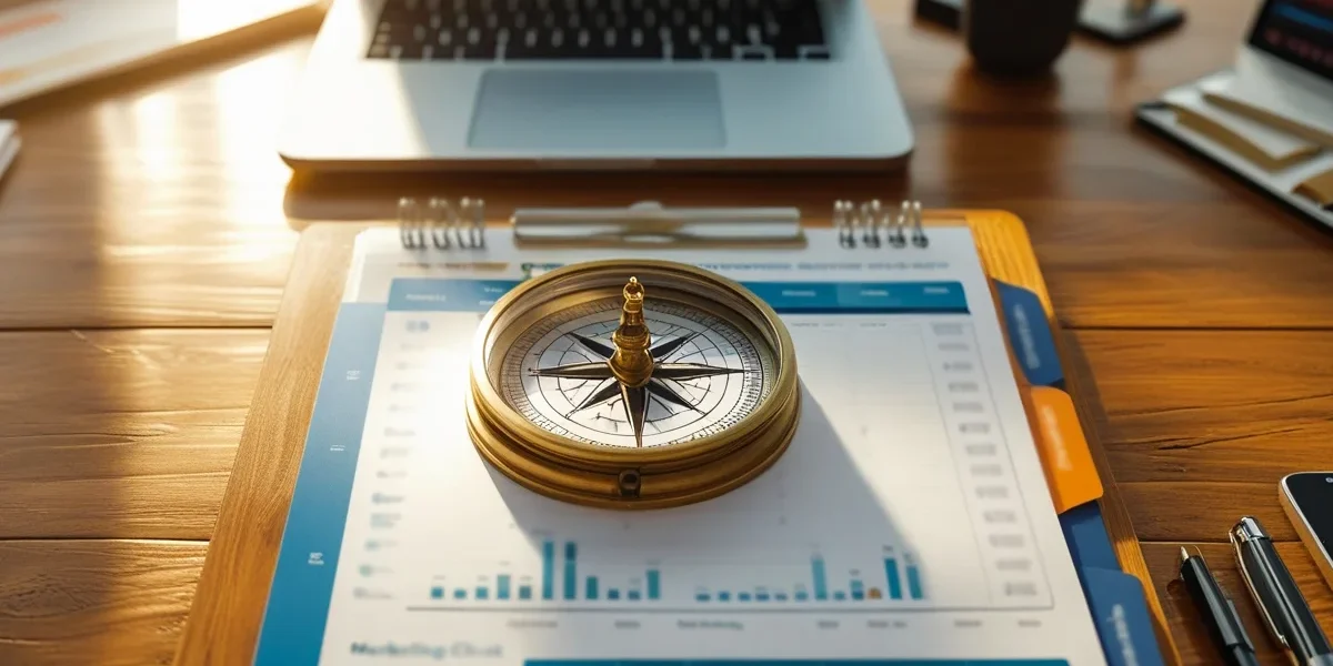Uma bússola clássica de metal repousando sobre um mapa estratégico detalhado com gráficos e anotações de planejamento.
