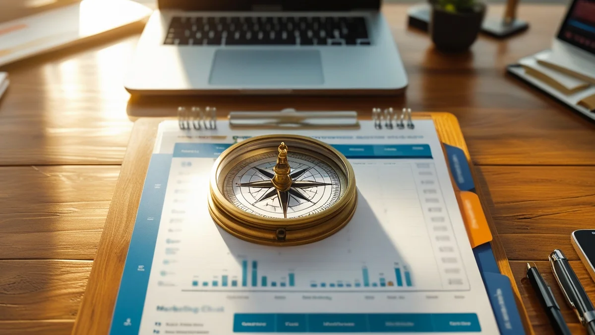 Uma bússola clássica de metal repousando sobre um mapa estratégico detalhado com gráficos e anotações de planejamento.