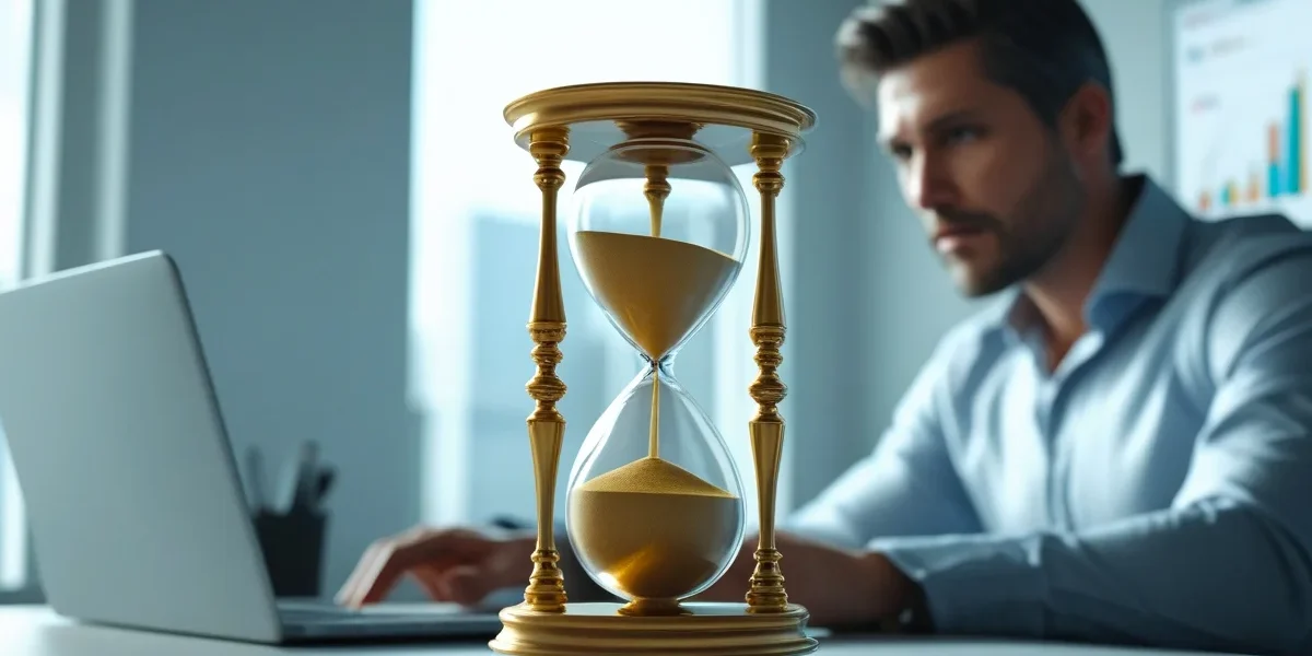 Empresário observando um relógio de areia ao lado de um notebook com gráficos de desempenho, representando a espera por resultados.