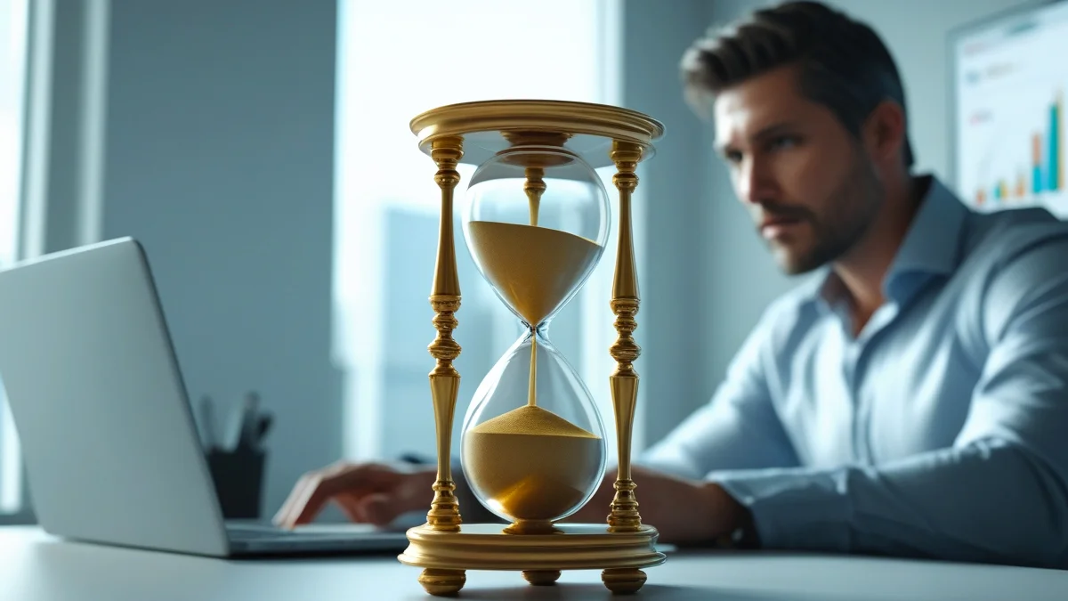 Empresário observando um relógio de areia ao lado de um notebook com gráficos de desempenho, representando a espera por resultados.