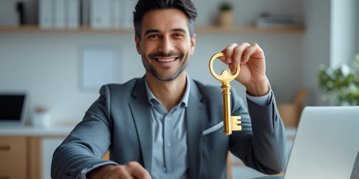 Empresário segurando uma chave dourada em frente a um laptop, simbolizando a autonomia e controle sobre seu site e negócio.