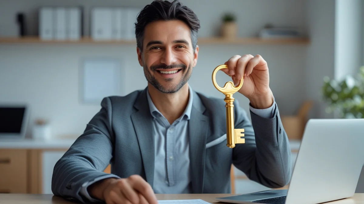 Empresário segurando uma chave dourada em frente a um laptop, simbolizando a autonomia e controle sobre seu site e negócio.