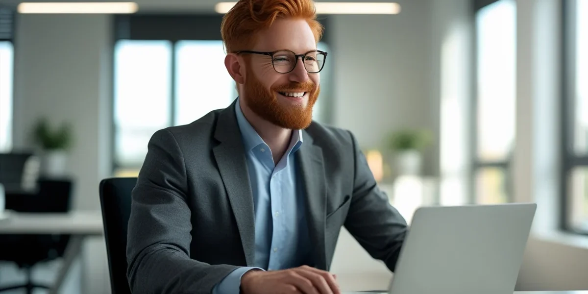 Empresário sorridente em um escritório moderno, usando um laptop, simbolizando o sucesso de empreender na internet