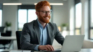 Empresário sorridente em um escritório moderno, usando um laptop, simbolizando o sucesso de empreender na internet
