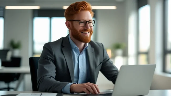 Empresário sorridente em um escritório moderno, usando um laptop, simbolizando o sucesso de empreender na internet