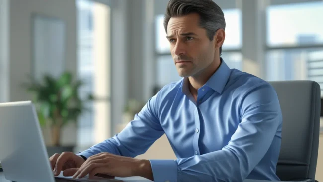 Empresário com expressão de dúvida olhando para o computador, com o painel de edição de um site aberto na tela.