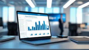 Especialista de novos negócios analisando dados de prospecção em um laptop com gráficos de crescimento ao fundo.