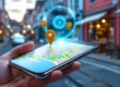 Mão segurando um smartphone que exibe um mapa digital com pins de localização e um círculo de alcance de geolocalização.
