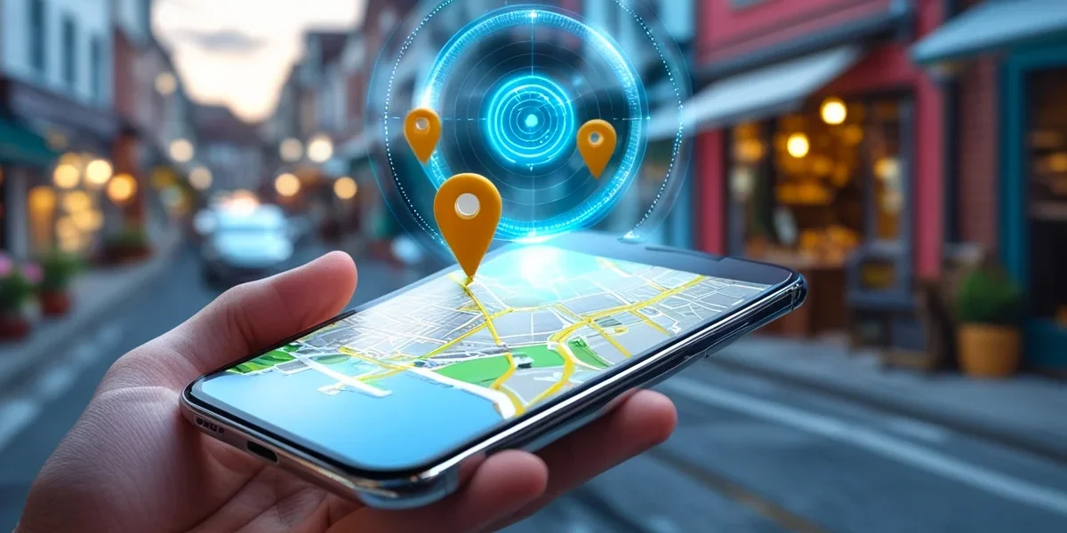 estrategia-marketing-geolocalizacao-smartphone Mão segurando um smartphone que exibe um mapa digital com pins de localização e um círculo de alcance de geolocalização.