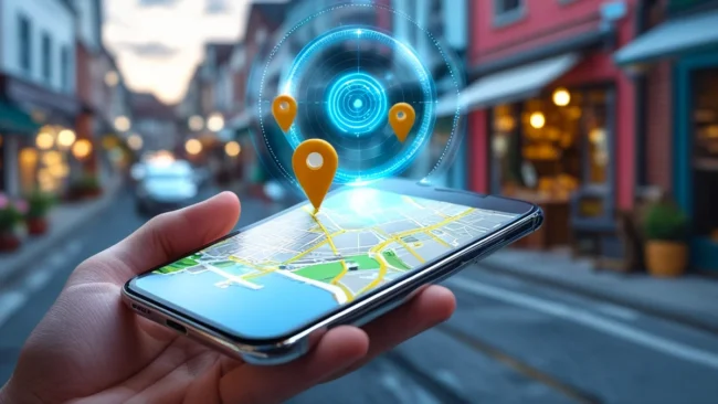 Mão segurando um smartphone que exibe um mapa digital com pins de localização e um círculo de alcance de geolocalização.