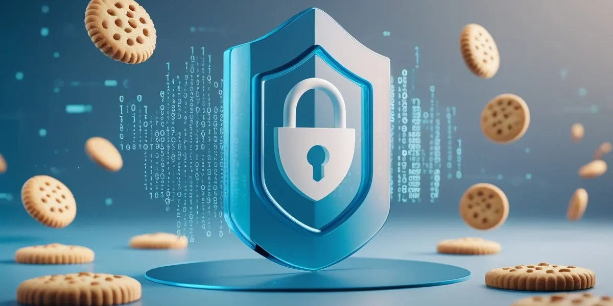 Ilustração moderna de um cadeado digital protegendo dados de usuários, com ícones de cookies sendo substituídos por conexões seguras.