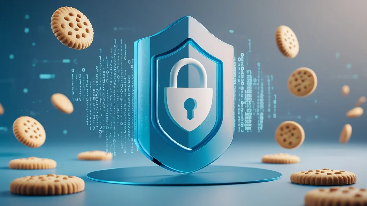 Ilustração moderna de um cadeado digital protegendo dados de usuários, com ícones de cookies sendo substituídos por conexões seguras.