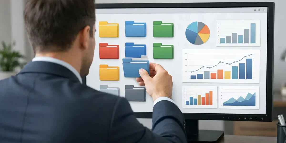 Empresário organizando pastas digitais e gráficos em um computador, representando a clareza e controle do marketing.