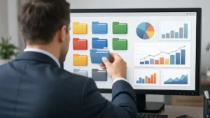 Empresário organizando pastas digitais e gráficos em um computador, representando a clareza e controle do marketing.